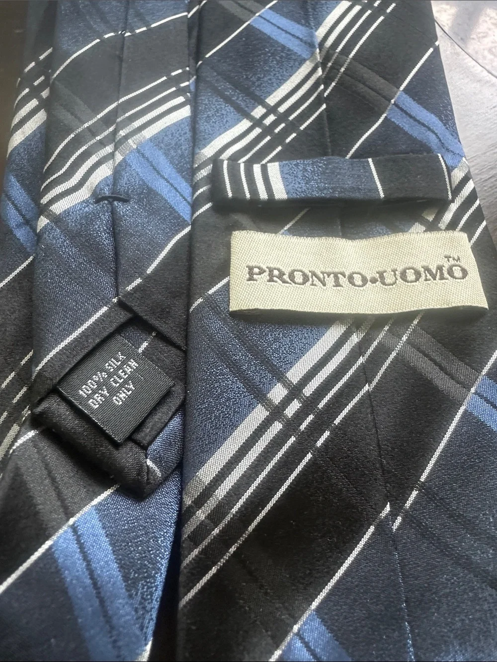 Pronto Uomo Blue, Black and White Plaid Silk Tie